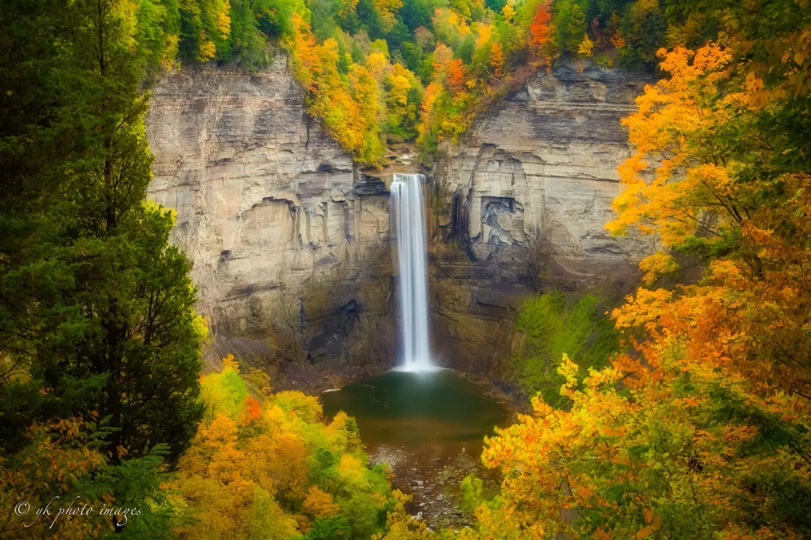 Taughannock Falls framed by peak fall foliage