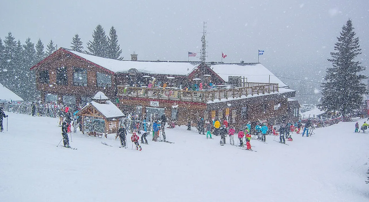 Winter snow storm at ski Chalet at Mont SUTTON Quebec Canada