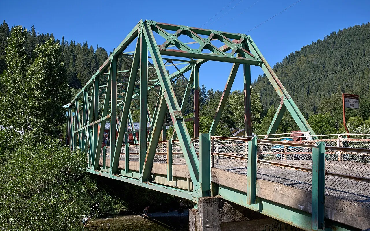 The historic Durgan Bridge is a 1938, one-lane Pratt through truss bridge located on Nevada Street in Downieville, California.