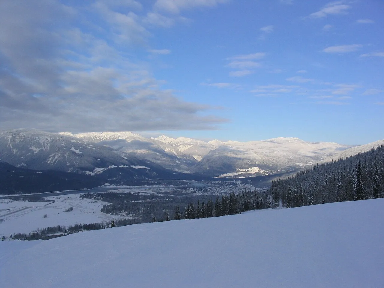 View of the Columbia Valley and Revelstoke, in winter, from the Powder Springs ski hill