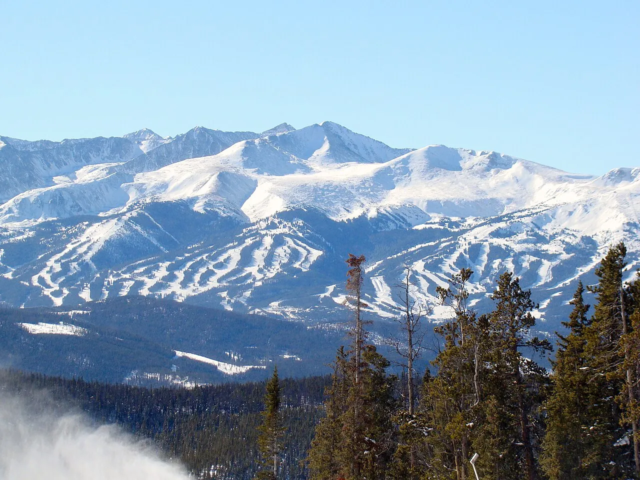 View of Breckenridge Ski Area from the west peak of Dercum Mountain, as the start of Ranger run just west of the Summit House