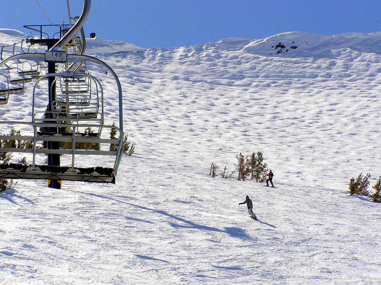Snowboarder and skier from a ski lift, Kirkwood, California, 2009