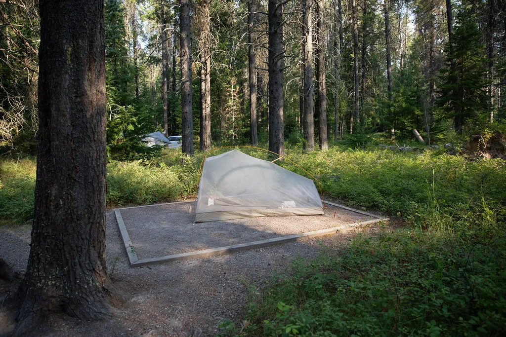 A Tent on a pad in the Apgar Campground