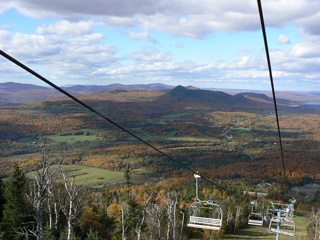 View of fall colours from Owl's Head ski hill near Mansonville, Eastern Townships, Quebec, October 2009