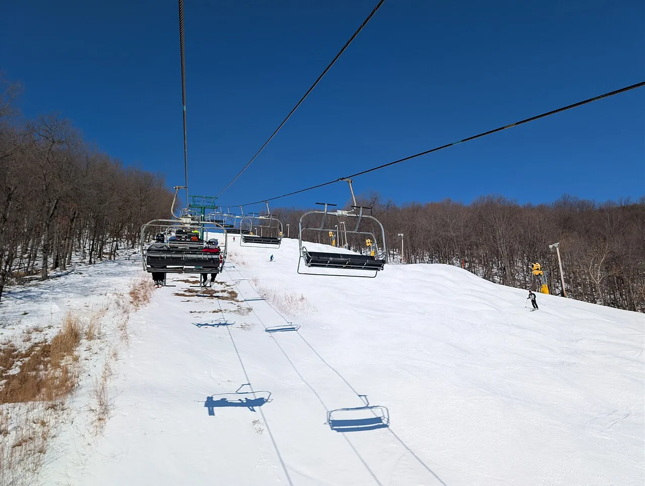 The mogul-filled Exhibition expert ski slope as seen from the ski lift at Whitetail Mountain Resort.