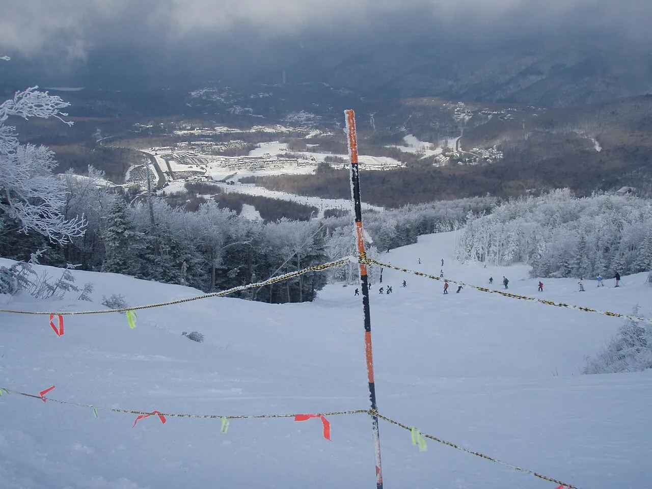 View of Snowshed Base, Killington Grand Hotel, and other hotels/condos along the East Mountain Road, from Skye Peak in Killington Ski Resort