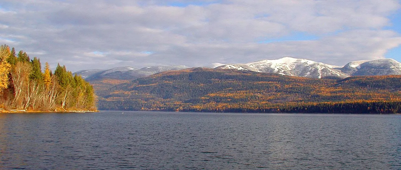 Whitefish Lake from State Beach looking north to Whitefish Mountain Resort in Autumn