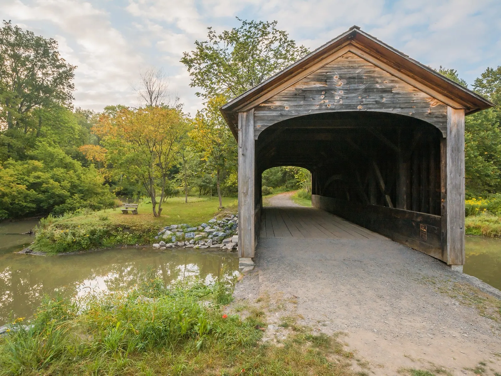Hyde Hall Covered Bridge over Shadow Brook in early autumn