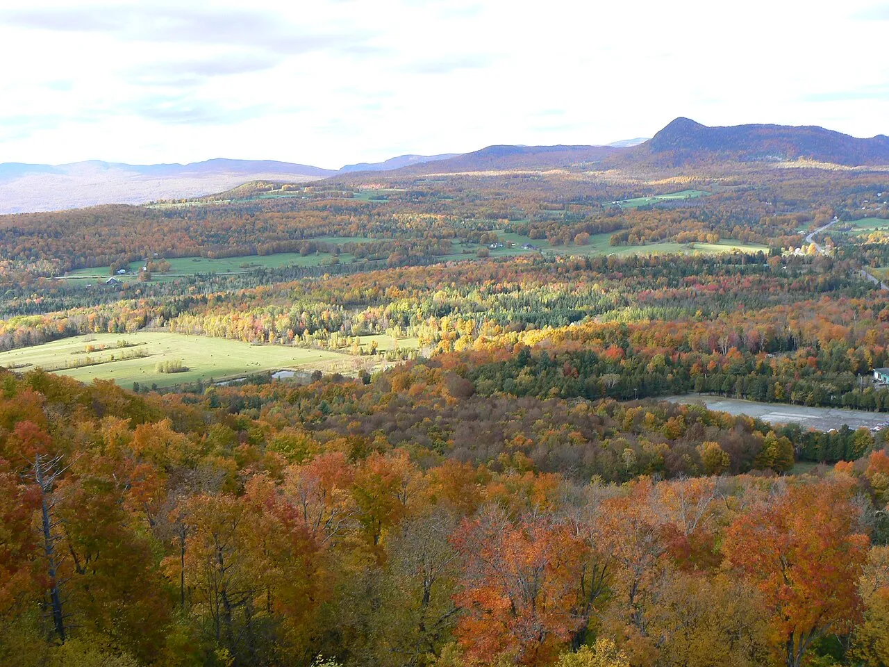View of fall colours from Owl's Head ski hill near Mansonville, Eastern Townships, Quebec, October 2009