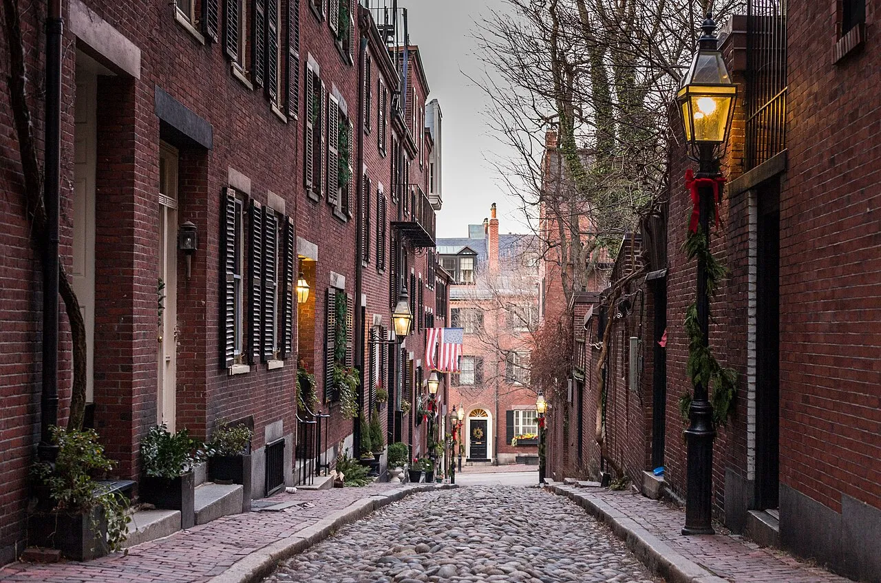 View down Acorn Street, Beacon Hill, Boston MA.