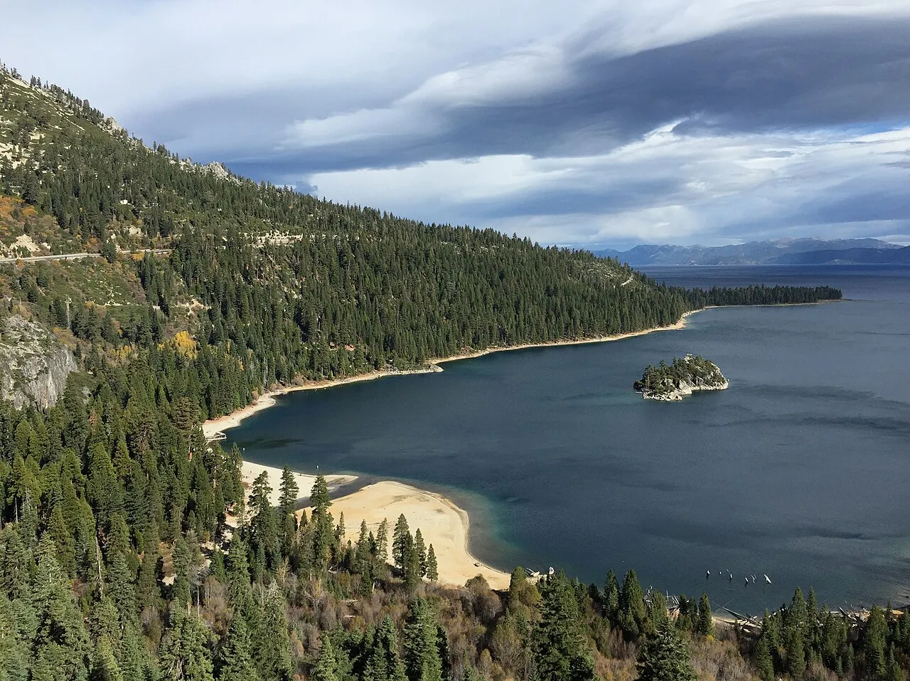View northeast down the northwest shore of Emerald Bay at Lake Tahoe, California
