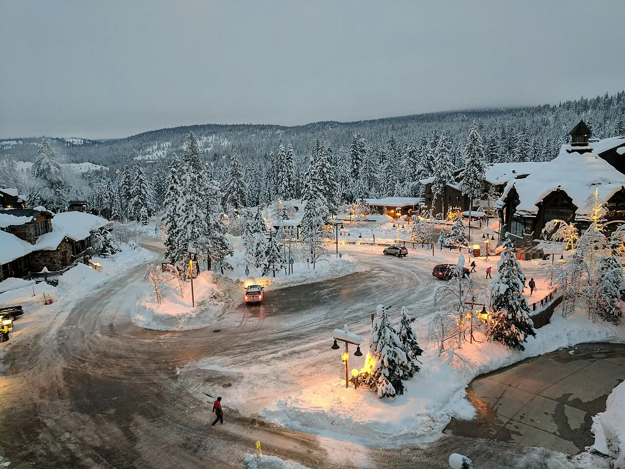 The Village Circle dropoff area at Northstar California, seen from the upper floor of the Lodge